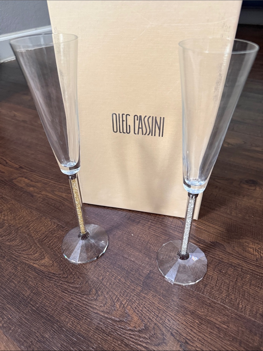 Oleg Cassini Clear Crystal Toasting Flutes with Silver & Gold Stem Accents